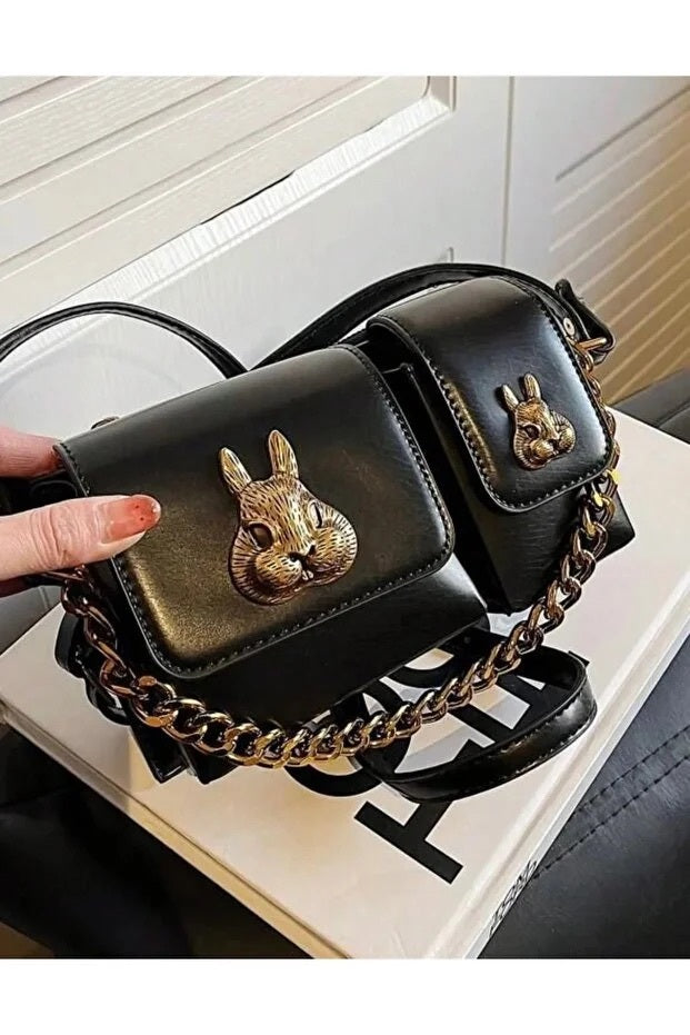 Women Black Baguette Bag With Squirrel Accessory Design Elegant Shoulder Handbag