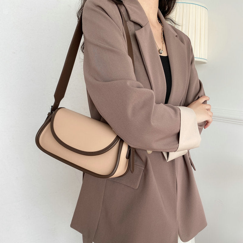 Under The Armpit Bag Female Contrast Color One Shoulder Cross-Slung Leather Baguette Bag