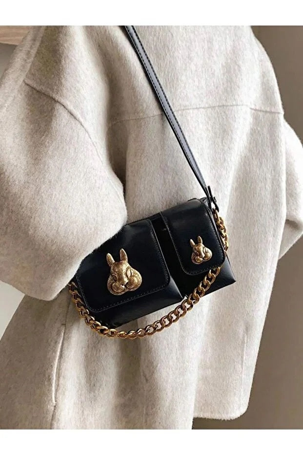Women Black Baguette Bag With Squirrel Accessory Design Elegant Shoulder Handbag