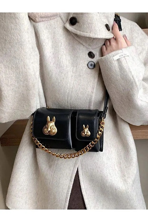 Women Black Baguette Bag With Squirrel Accessory Design Elegant Shoulder Handbag