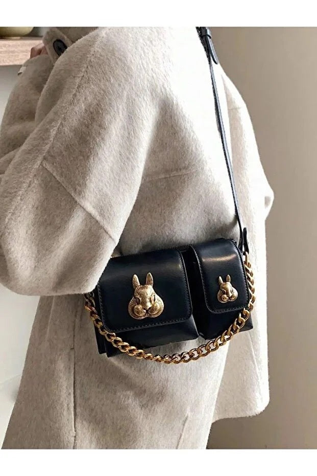 Women Black Baguette Bag With Squirrel Accessory Design Elegant Shoulder Handbag